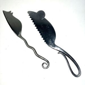 2 Stainless Steel Cheese Knives Mouse Bird Design Whimsical Novelty Kitchenware
